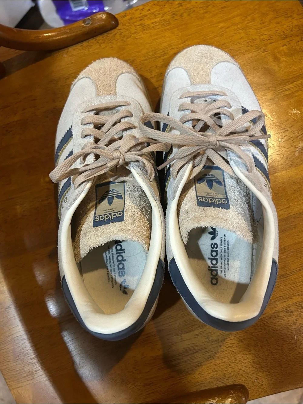adidas Gazelle Platform Sneakers in Beige with Navy Stripes